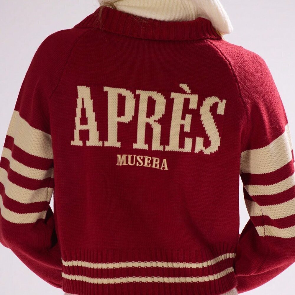 Red And White Casual Women's Embroidered Chunky Knit Stripe Cardigan - Picture 7 of 7